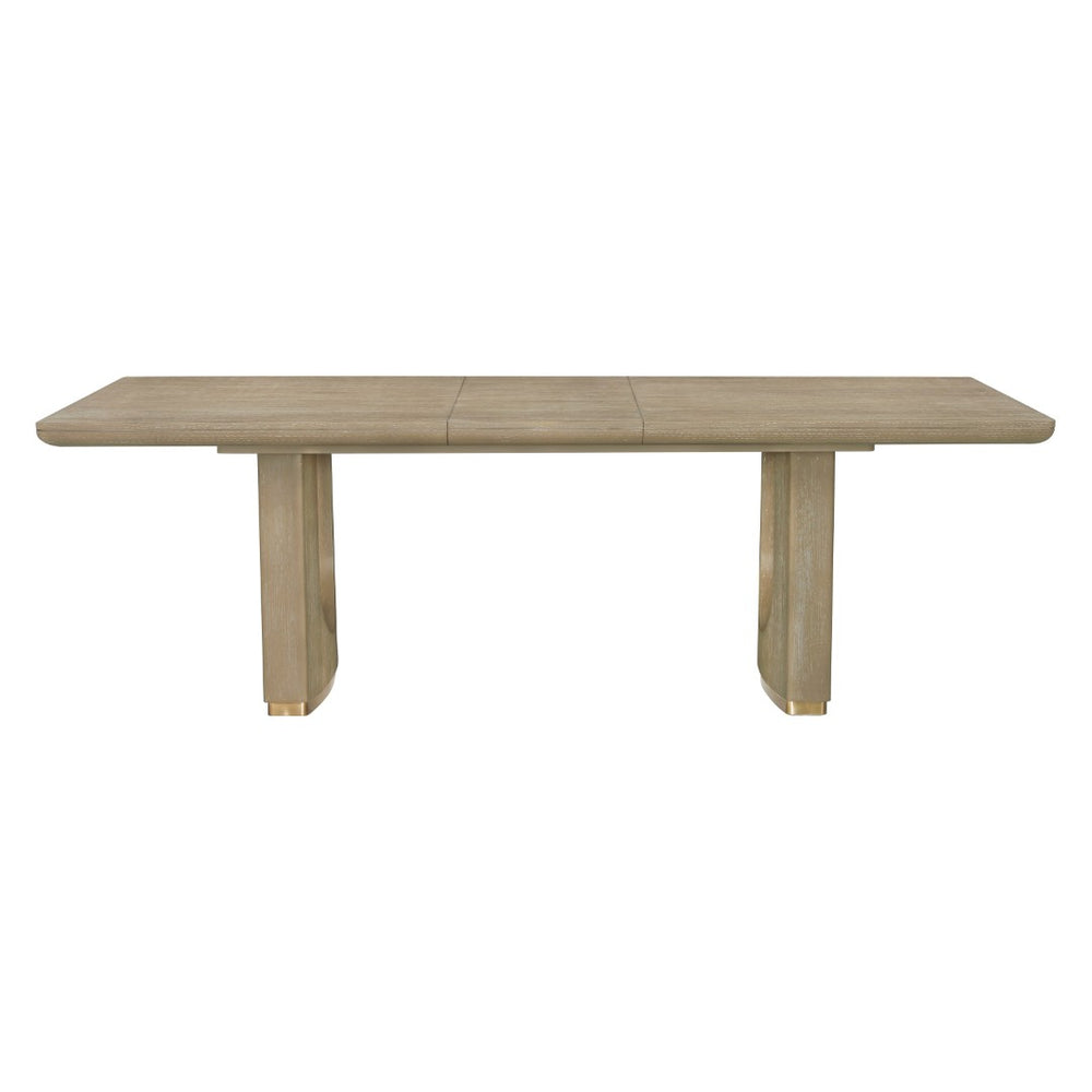 English Elm Modern Oak Veneer Extendable Dining Table with U-shaped Pedestal and Metallic Trim B011S02577