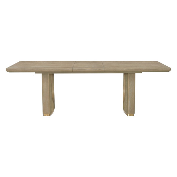 English Elm Modern Oak Veneer Extendable Dining Table with U-shaped Pedestal and Metallic Trim B011S02577