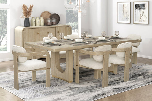 English Elm Modern Oak Veneer Extendable Dining Table with U-shaped Pedestal and Metallic Trim B011S02577