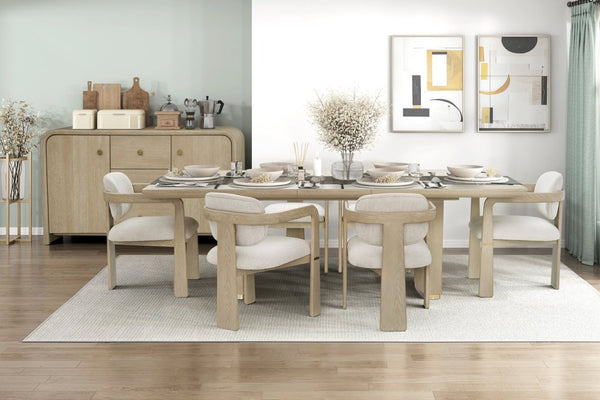 English Elm Modern Oak Veneer Extendable Dining Table with U-shaped Pedestal and Metallic Trim B011S02577