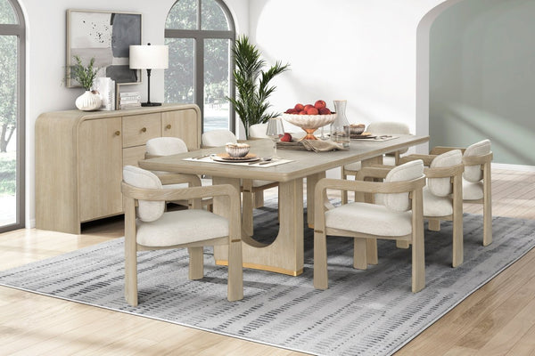 English Elm Modern Oak Veneer Extendable Dining Table with U-shaped Pedestal and Metallic Trim B011S02577