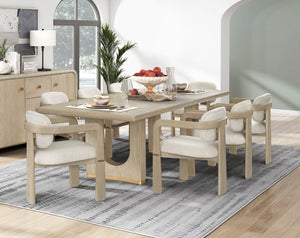 English Elm Modern Oak Veneer Extendable Nine Piece Dining Set with Beige Upholstered Armchairs B011S02580