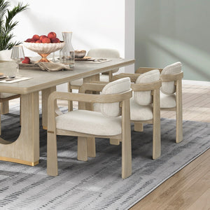 English Elm Modern Oak Veneer Extendable Nine Piece Dining Set with Beige Upholstered Armchairs B011S02580