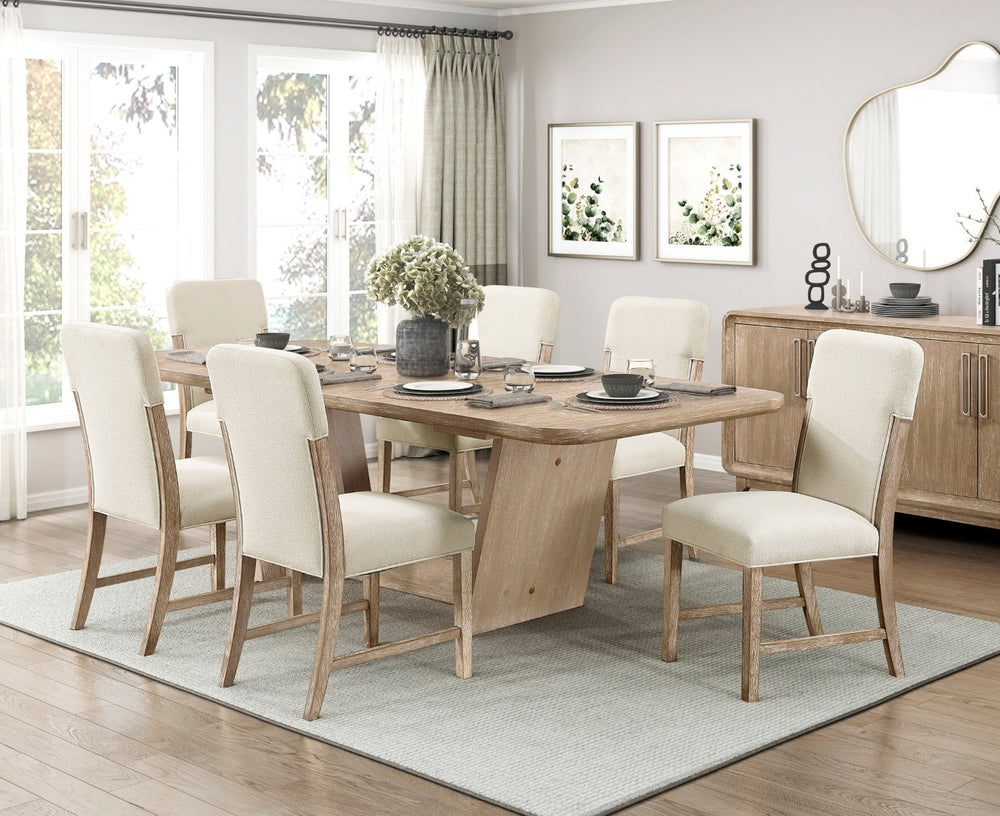 English Elm Beautiful Oak Veneer Extendable Dining Set Seven Piece Chenille Chairs Modern Farmhouse B011S02583