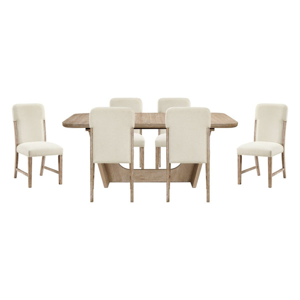 English Elm Beautiful Oak Veneer Extendable Dining Set Seven Piece Chenille Chairs Modern Farmhouse B011S02583