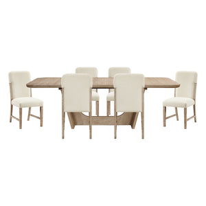 English Elm Beautiful Oak Veneer Extendable Dining Set Seven Piece Chenille Chairs Modern Farmhouse B011S02583