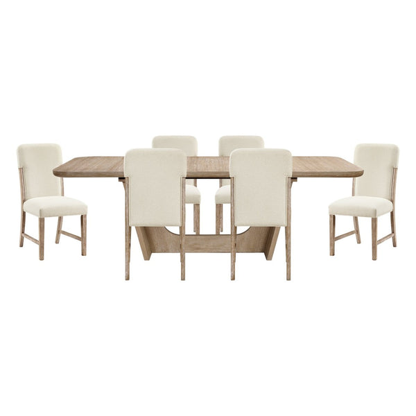 English Elm Beautiful Oak Veneer Extendable Dining Set Seven Piece Chenille Chairs Modern Farmhouse B011S02583