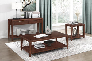 English Elm 3Pc Walnut Veneer Living Room Set with Brass Pulls Open Shelves Mid-Century Modern Style B011S02586