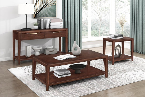 English Elm 3Pc Walnut Veneer Living Room Set with Brass Pulls Open Shelves Mid-Century Modern Style B011S02586