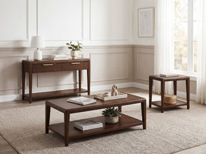 English Elm 3Pc Walnut Veneer Living Room Set with Brass Pulls Open Shelves Mid-Century Modern Style B011S02586