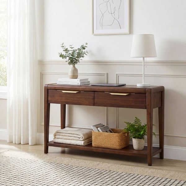 English Elm 3Pc Walnut Veneer Living Room Set with Brass Pulls Open Shelves Mid-Century Modern Style B011S02586