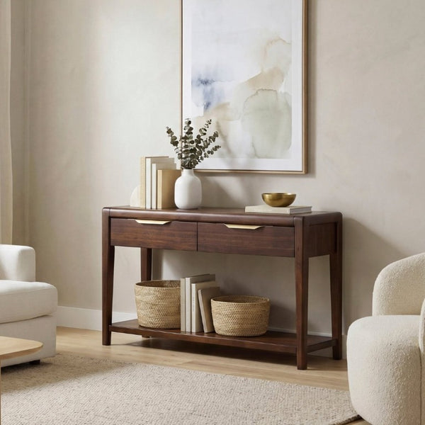 English Elm 3Pc Walnut Veneer Living Room Set with Brass Pulls Open Shelves Mid-Century Modern Style B011S02586