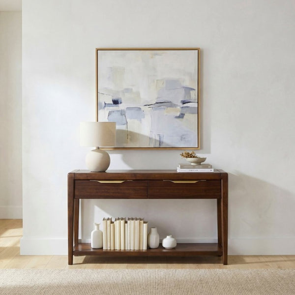 English Elm 3Pc Walnut Veneer Living Room Set with Brass Pulls Open Shelves Mid-Century Modern Style B011S02586