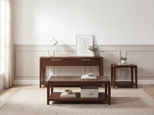 English Elm 3Pc Walnut Veneer Living Room Set with Brass Pulls Open Shelves Mid-Century Modern Style B011S02586