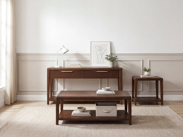 English Elm 3Pc Walnut Veneer Living Room Set with Brass Pulls Open Shelves Mid-Century Modern Style B011S02586
