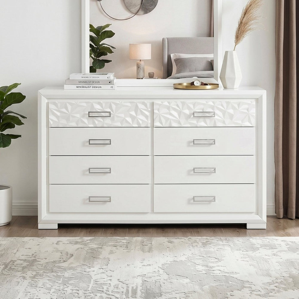 English Elm Contemporary Pearl White 8 Drawer Dresser Mirror Set with Diamond Embossed Glam Detail B011S02590