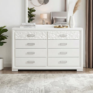 English Elm Contemporary Pearl White 8 Drawer Dresser Mirror Set with Diamond Embossed Glam Detail B011S02590