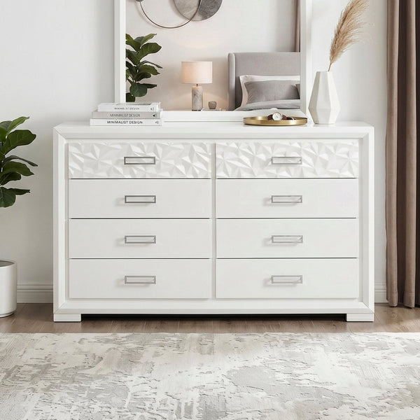 English Elm Contemporary Pearl White 8 Drawer Dresser Mirror Set with Diamond Embossed Glam Detail B011S02590