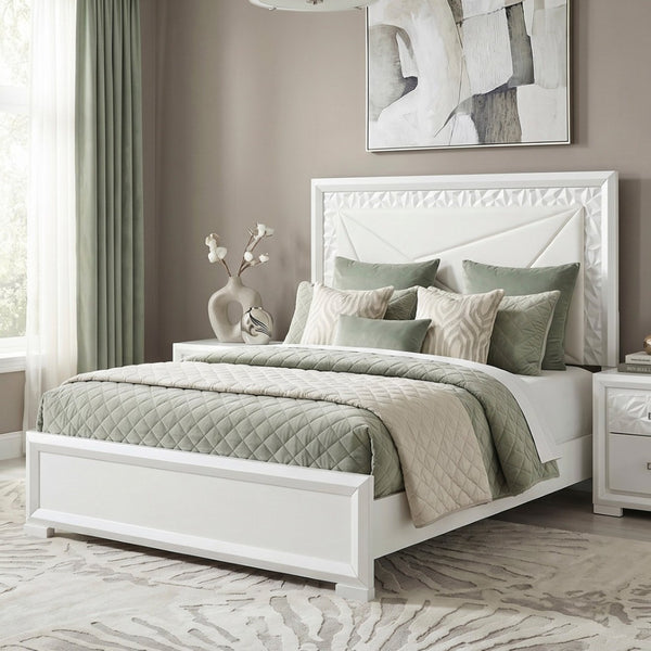 English Elm Glam Pearl White Queen Bed Tall Upholstered Headboard with Led Backlit Ambient Glow B011S02591