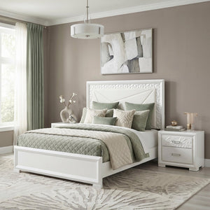 English Elm Glam Pearl White Queen Bed Tall Upholstered Headboard with Led Backlit Ambient Glow B011S02591