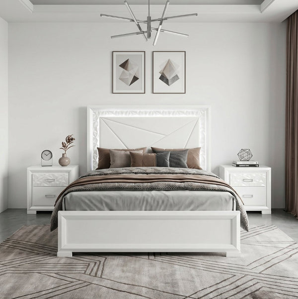 English Elm Glam Pearl White Queen Bed Tall Upholstered Headboard with Led Backlit Ambient Glow B011S02591