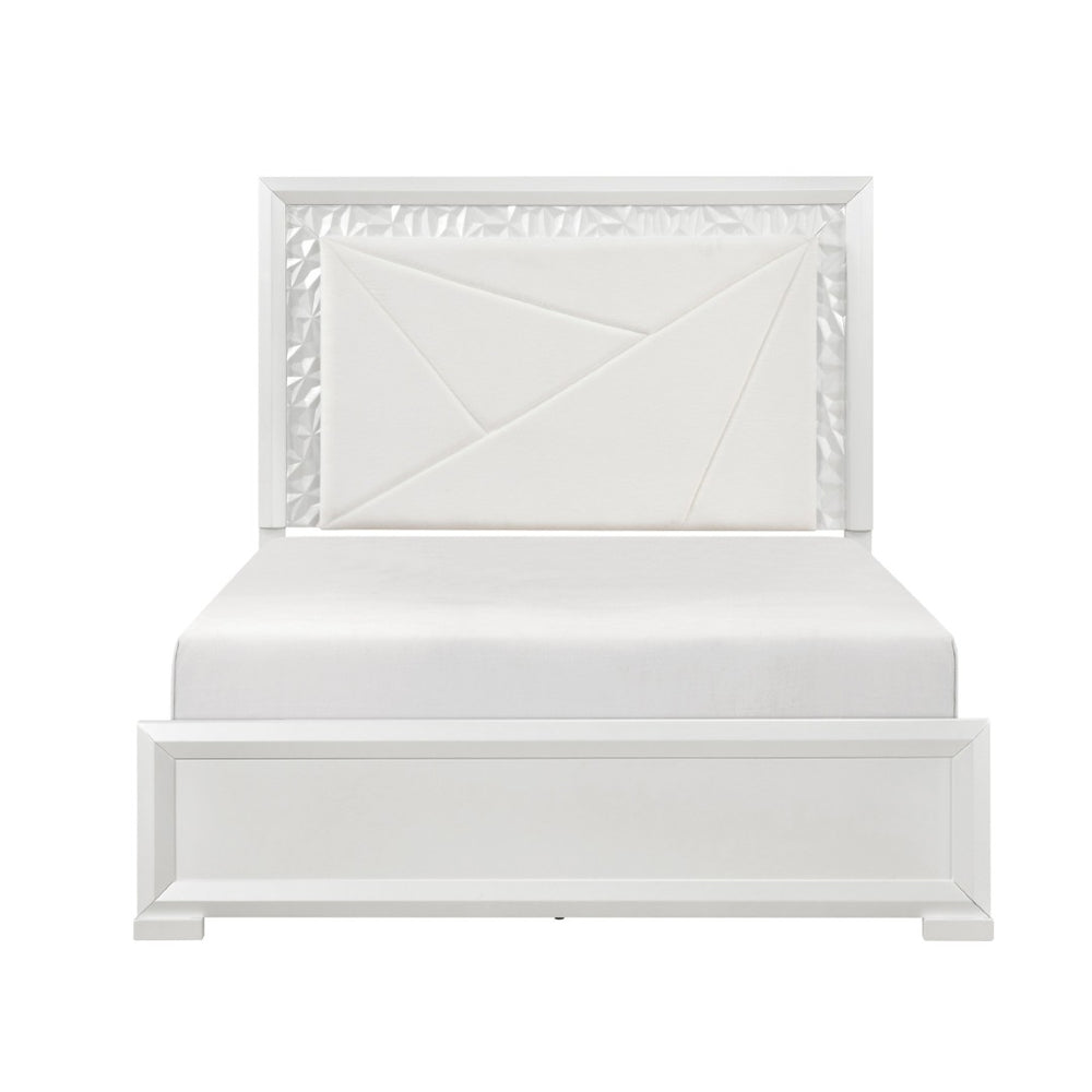 English Elm Glam Pearl White Queen Bed Tall Upholstered Headboard with Led Backlit Ambient Glow B011S02591