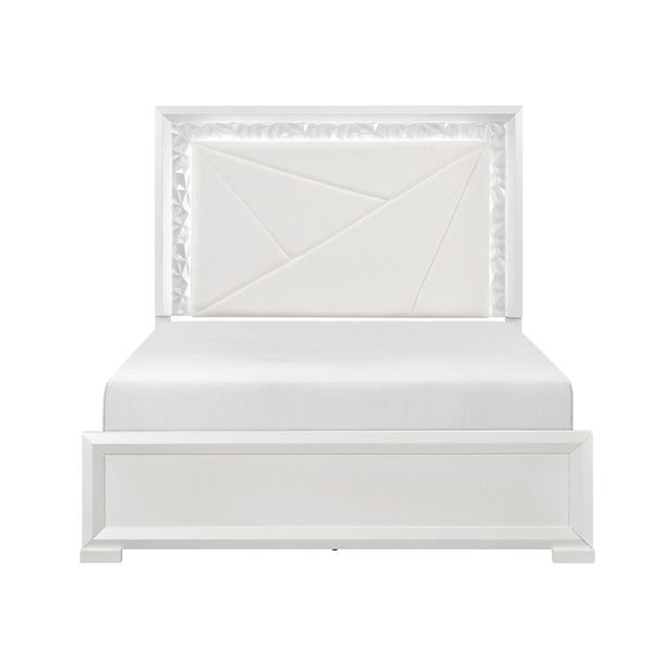 English Elm Glam Pearl White Queen Bed Tall Upholstered Headboard with Led Backlit Ambient Glow B011S02591