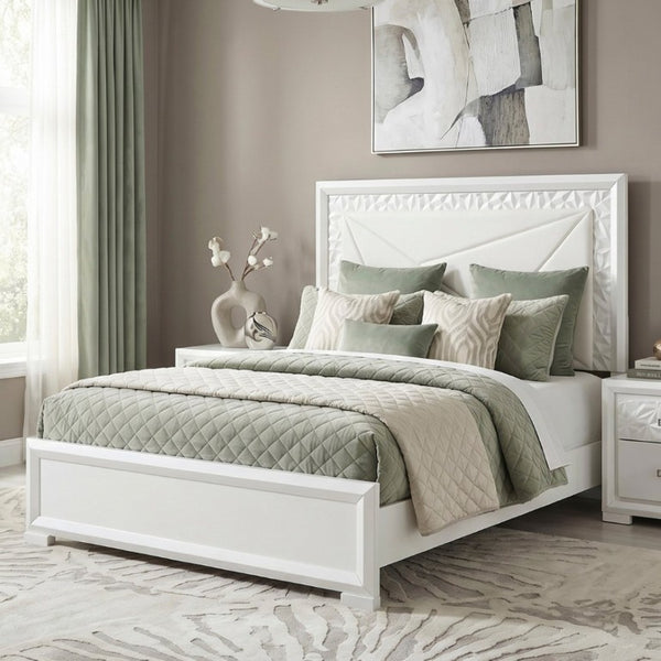 English Elm Glam Pearl White Full Bed with LED Headboard Rhombus Embossed Upholstered Frame B011S02592