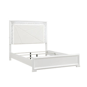English Elm Glam Pearl White Full Bed with LED Headboard Rhombus Embossed Upholstered Frame B011S02592