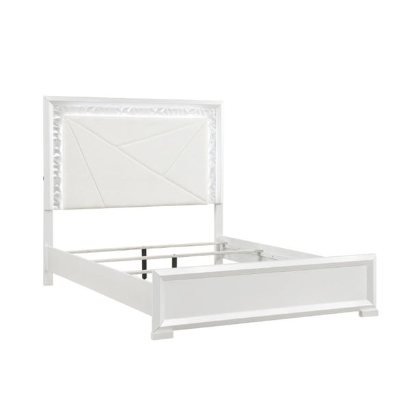 English Elm Glam Pearl White Full Bed with LED Headboard Rhombus Embossed Upholstered Frame B011S02592
