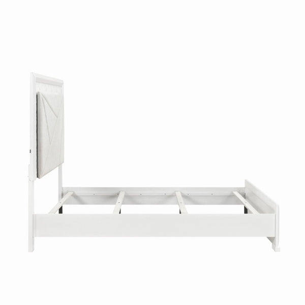 English Elm Glam Pearl White Full Bed with LED Headboard Rhombus Embossed Upholstered Frame B011S02592