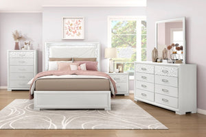 English Elm Glam Pearl White Full Bed with LED Headboard Rhombus Embossed Upholstered Frame B011S02592