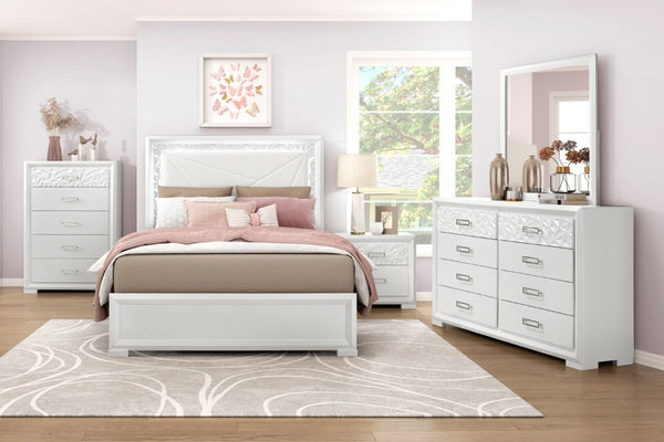 English Elm Glam Pearl White Full Bed with LED Headboard Rhombus Embossed Upholstered Frame B011S02592