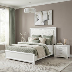English Elm Glam Pearl White Full Bed with LED Headboard Rhombus Embossed Upholstered Frame B011S02592