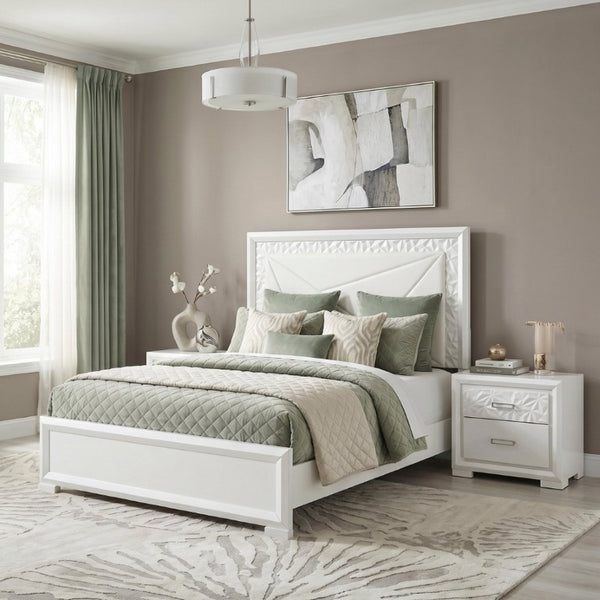 English Elm Glam Pearl White Full Bed with LED Headboard Rhombus Embossed Upholstered Frame B011S02592
