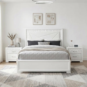 English Elm Glam Pearl White Full Bed with LED Headboard Rhombus Embossed Upholstered Frame B011S02592