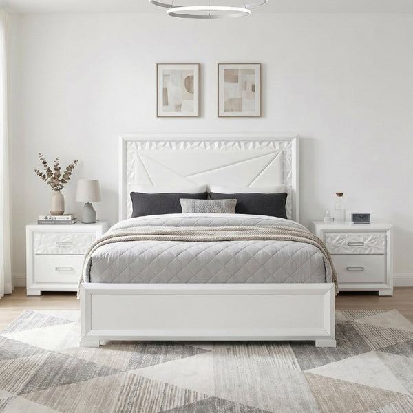 English Elm Glam Pearl White Full Bed with LED Headboard Rhombus Embossed Upholstered Frame B011S02592