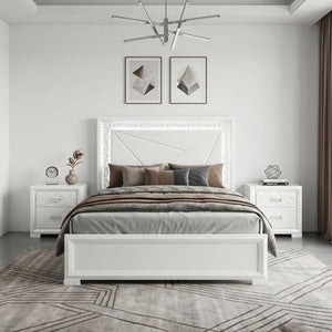 English Elm Glam Pearl White Full Bed with LED Headboard Rhombus Embossed Upholstered Frame B011S02592