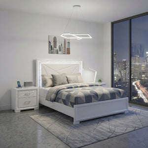 English Elm Glam Pearl White Full Bed with LED Headboard Rhombus Embossed Upholstered Frame B011S02592