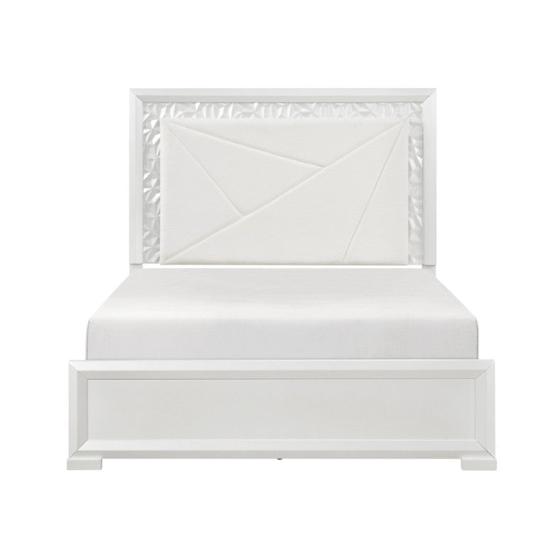 English Elm Glam Pearl White Full Bed with LED Headboard Rhombus Embossed Upholstered Frame B011S02592