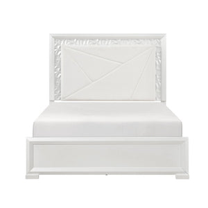 English Elm Glam Pearl White Full Bed with LED Headboard Rhombus Embossed Upholstered Frame B011S02592