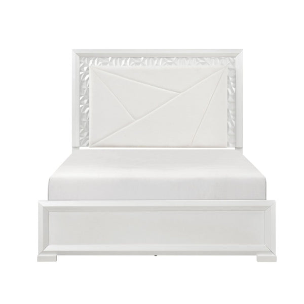 English Elm Glam Pearl White Full Bed with LED Headboard Rhombus Embossed Upholstered Frame B011S02592