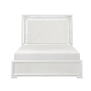 English Elm Glam Pearl White Full Bed with LED Headboard Rhombus Embossed Upholstered Frame B011S02592