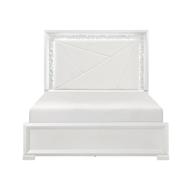 English Elm Glam Pearl White Full Bed with LED Headboard Rhombus Embossed Upholstered Frame B011S02592