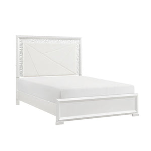 English Elm Glam Pearl White Full Bed with LED Headboard Rhombus Embossed Upholstered Frame B011S02592