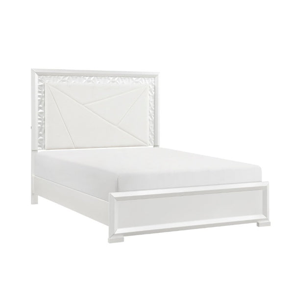 English Elm Glam Pearl White Full Bed with LED Headboard Rhombus Embossed Upholstered Frame B011S02592
