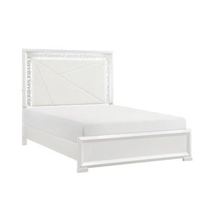 English Elm Glam Pearl White Full Bed with LED Headboard Rhombus Embossed Upholstered Frame B011S02592