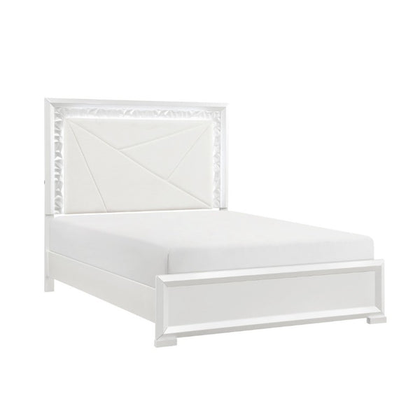 English Elm Glam Pearl White Full Bed with LED Headboard Rhombus Embossed Upholstered Frame B011S02592
