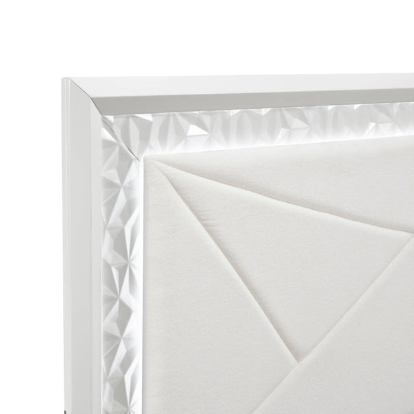 English Elm Glam Pearl White Full Bed with LED Headboard Rhombus Embossed Upholstered Frame B011S02592