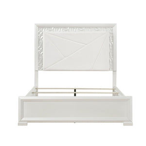 English Elm Glam Pearl White Full Bed with LED Headboard Rhombus Embossed Upholstered Frame B011S02592